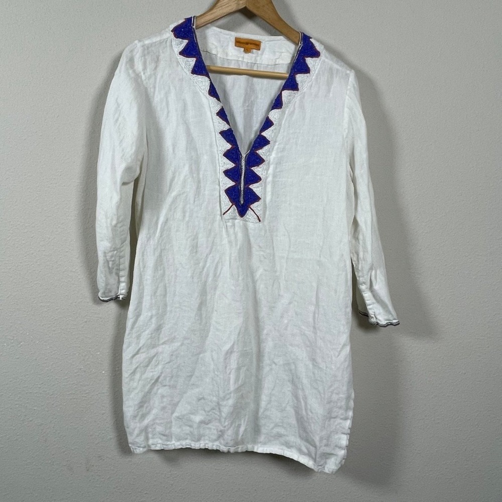 Roberta Freymann Linen Beaded‎ Tunic Women L White Blue Boho Vacation Coastal